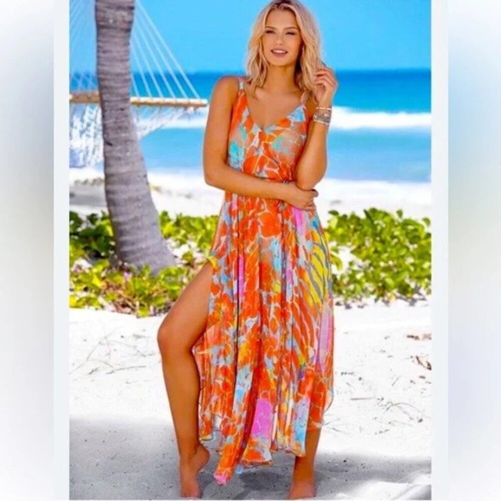 Venus Sheer Coverup Resort Maxi Dress with Coral Reef Print one size